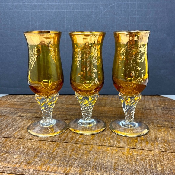 1930s Tulip Cordial Amber Clear Twist Stem-22k Gold Trim Vintage Set of 3